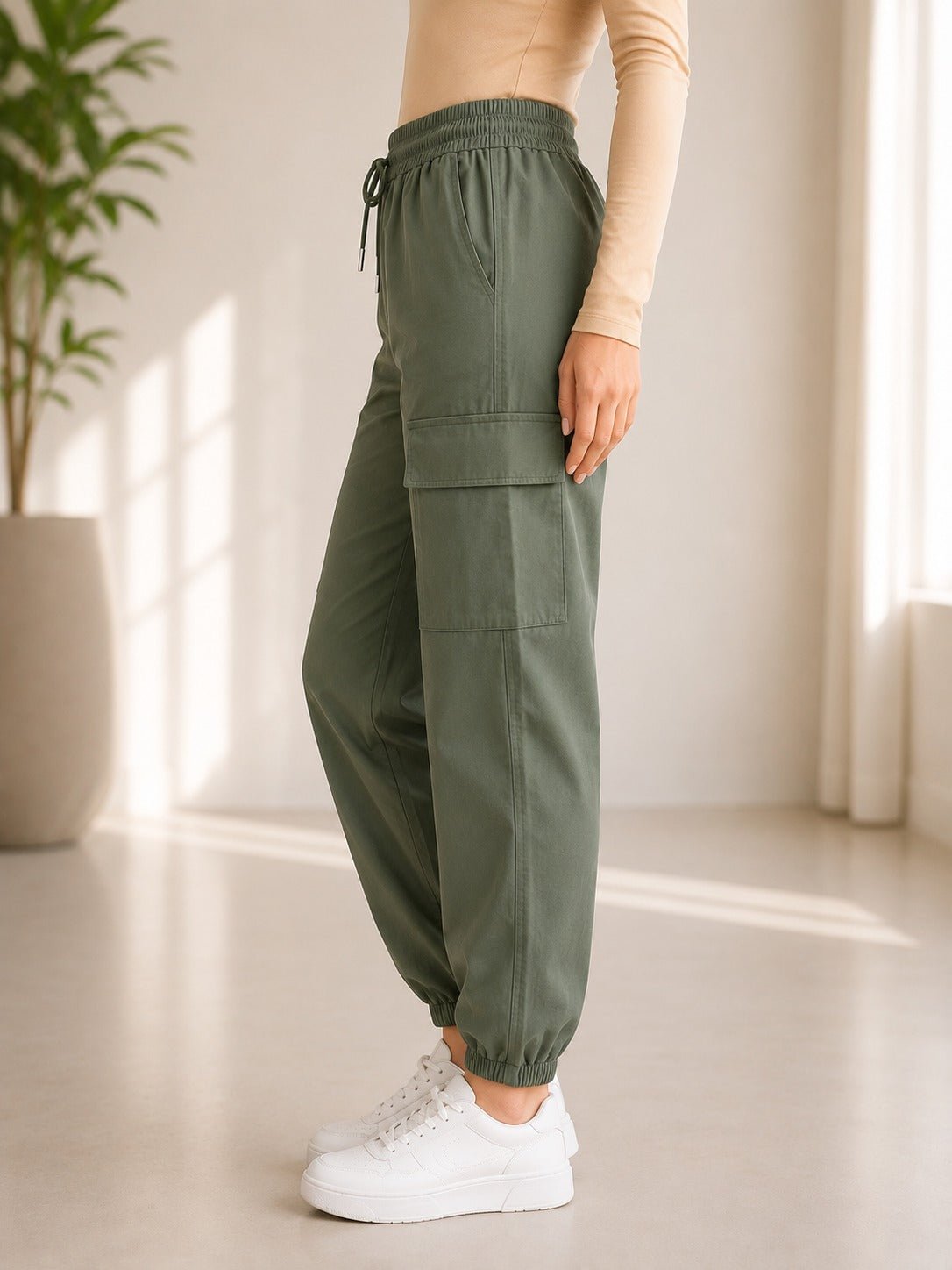 Ladies Army Green Mid-Rise Drawstring Cargo Jogger - StylePhase SA