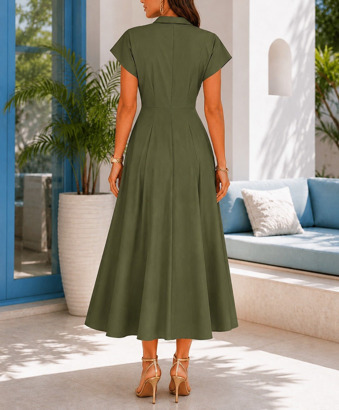 Ladies Army Green Zipper Pocket Front Slit Dress - StylePhase SA