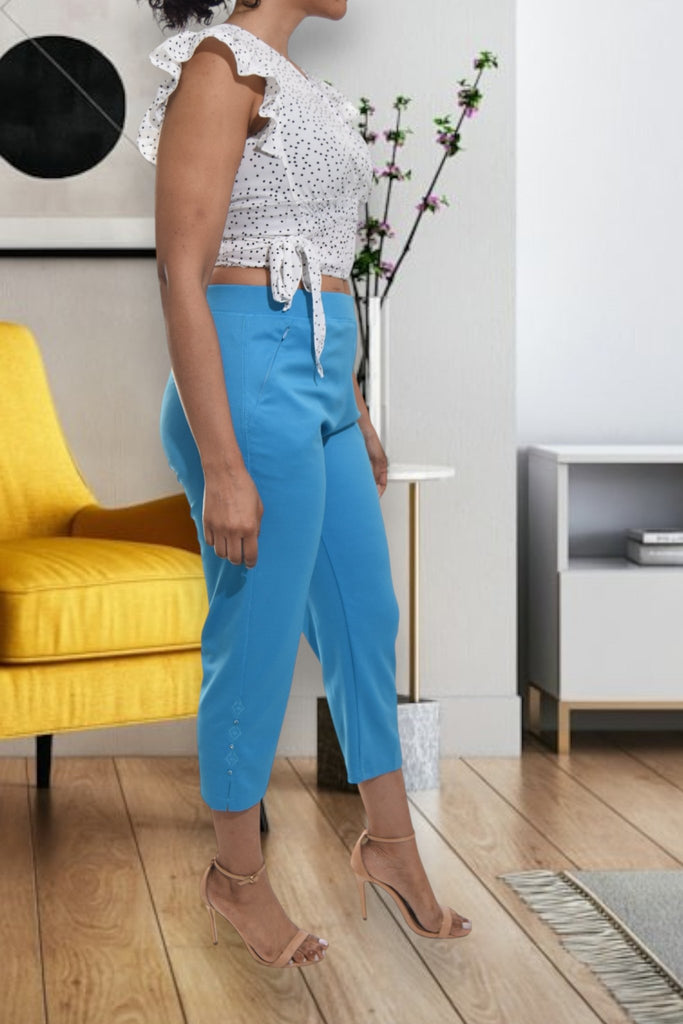 Ladies Baby Blue Capri Zip Pants - StylePhase SA