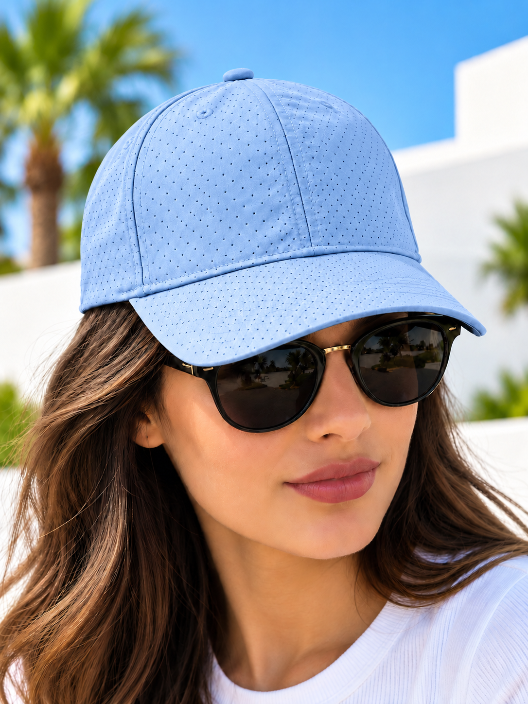 Ladies baby blue perforated baseball cap on model