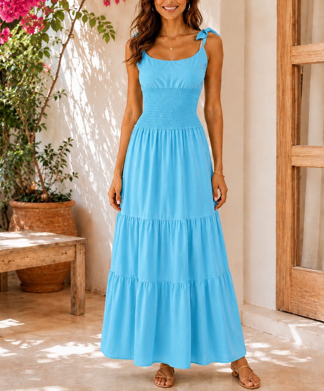 Ladies Baby Blue Tie Shoulder Tiered Maxi Dress - StylePhase SA