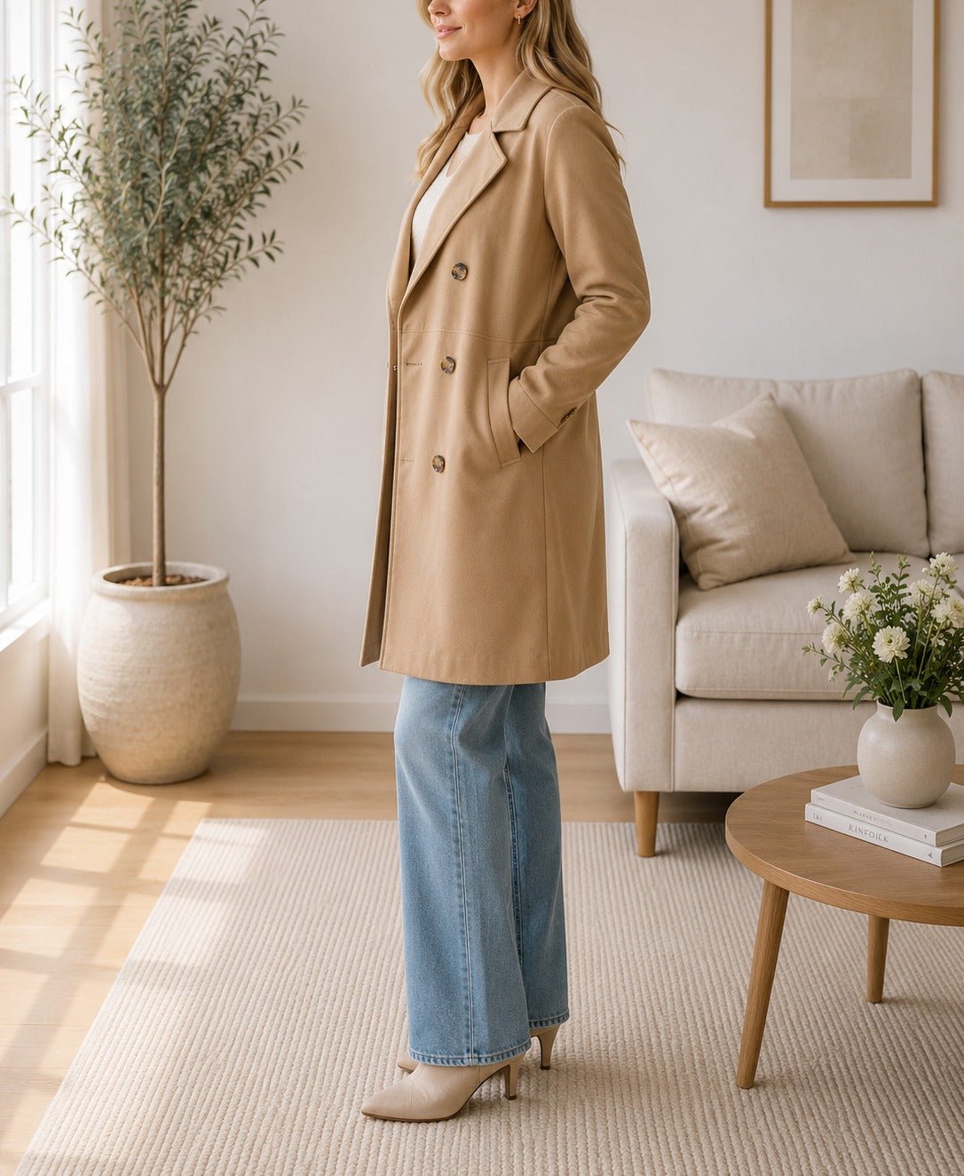 Ladies Beige 6 Button Melton Open Coat - StylePhase SA