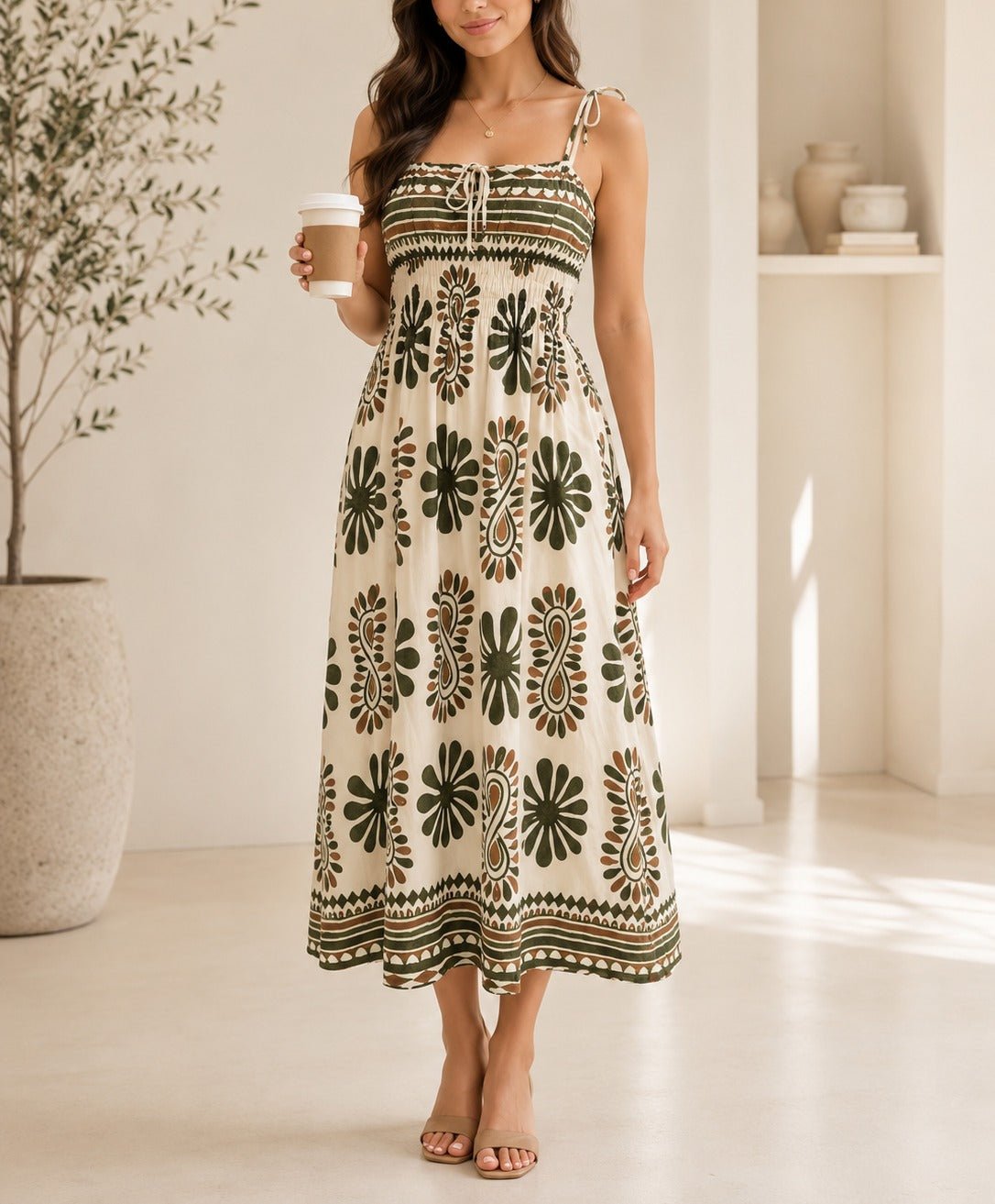 Ladies Beige Botanical Print Tie Sleeve Dress - StylePhase SA
