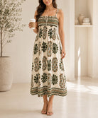 Ladies Beige Botanical Print Tie Sleeve Dress - StylePhase SA