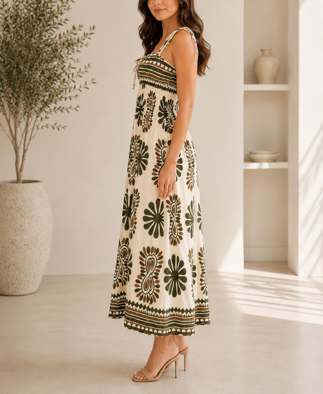 Ladies Beige Botanical Print Tie Sleeve Dress - StylePhase SA