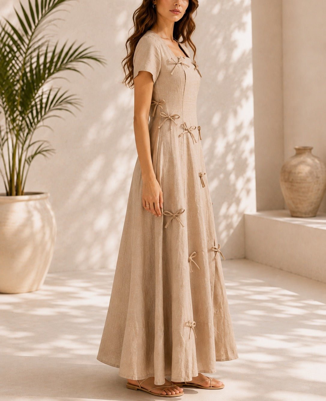 Ladies Beige Bow Pocket Dress- New Feeling - StylePhase SA