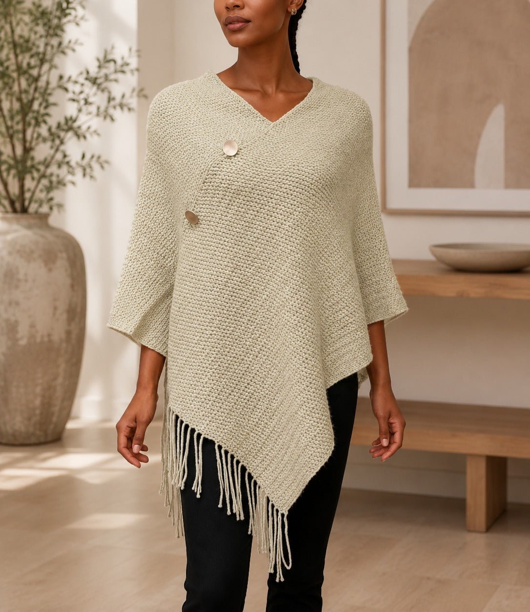 Ladies Beige Button Detailed Knit Poncho - StylePhase SA