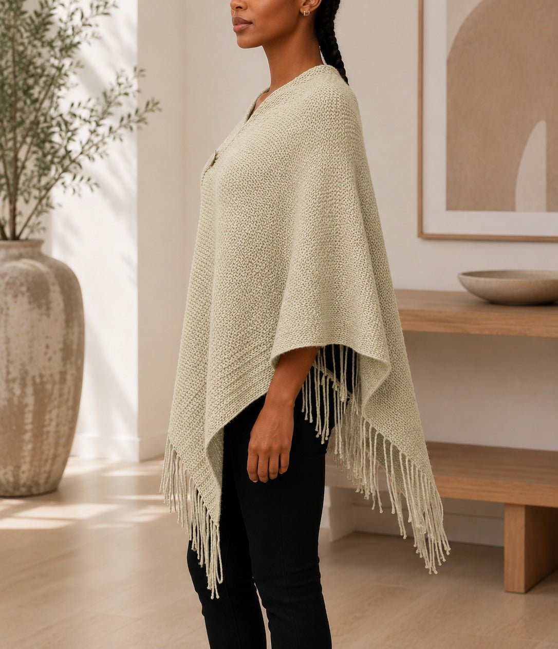 Ladies Beige Button Detailed Knit Poncho - StylePhase SA