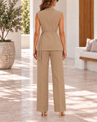 Ladies Beige Button Front Belt Detail Two-Piece Set - StylePhase SA