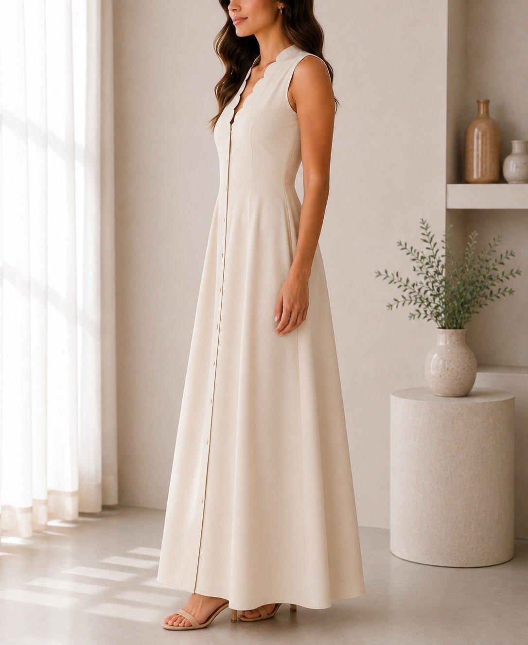 Ladies Beige Button Front Placket Maxi Dress - StylePhase SA