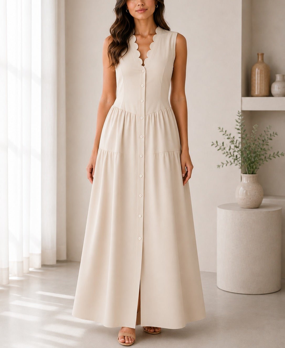 Ladies Beige Button Front Placket Maxi Dress - StylePhase SA