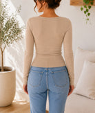 Ladies Beige Button Front Scoop Neck Knit Cardigan - StylePhase SA