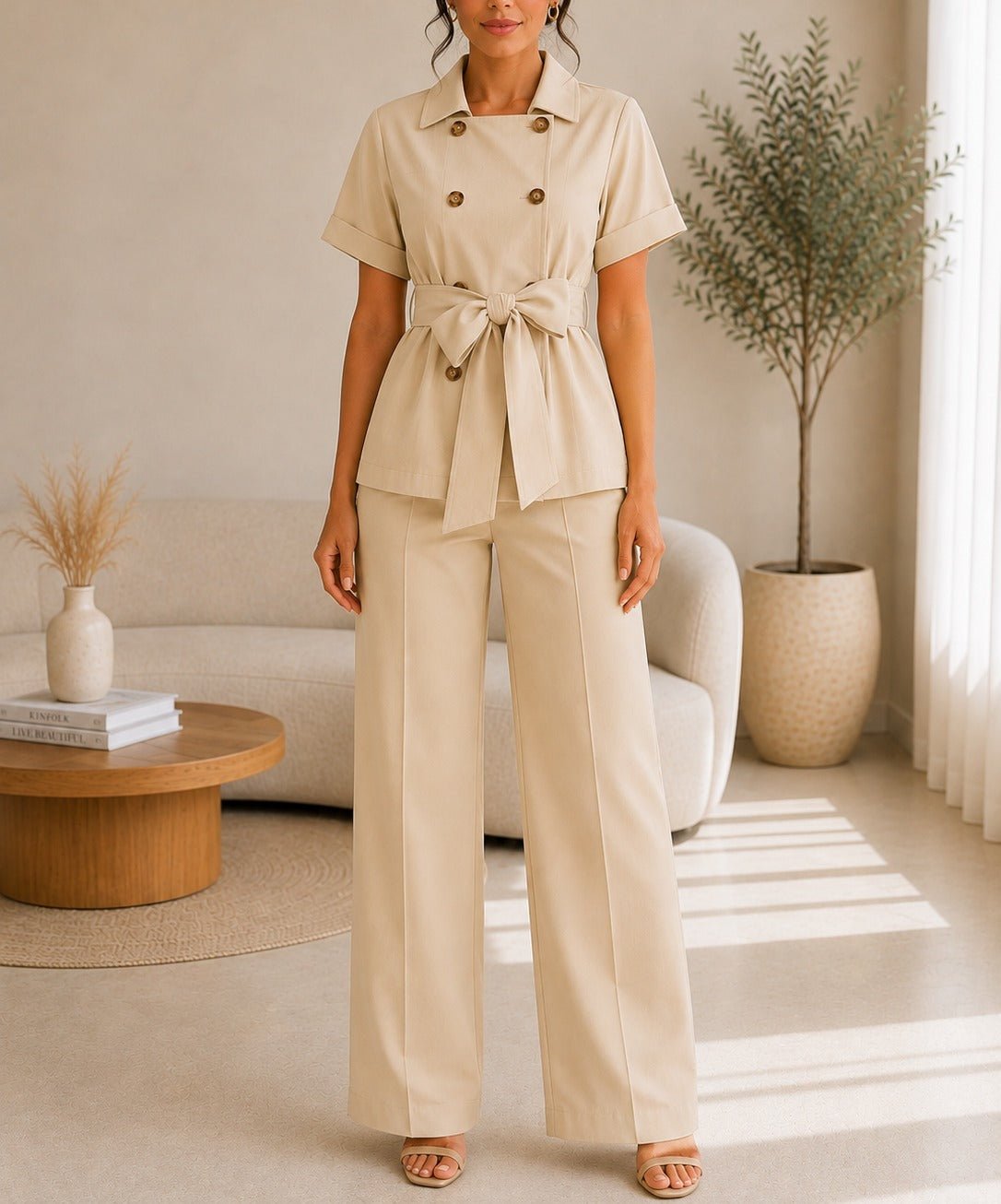Ladies Beige Button Front Two-Piece Set - StylePhase SA
