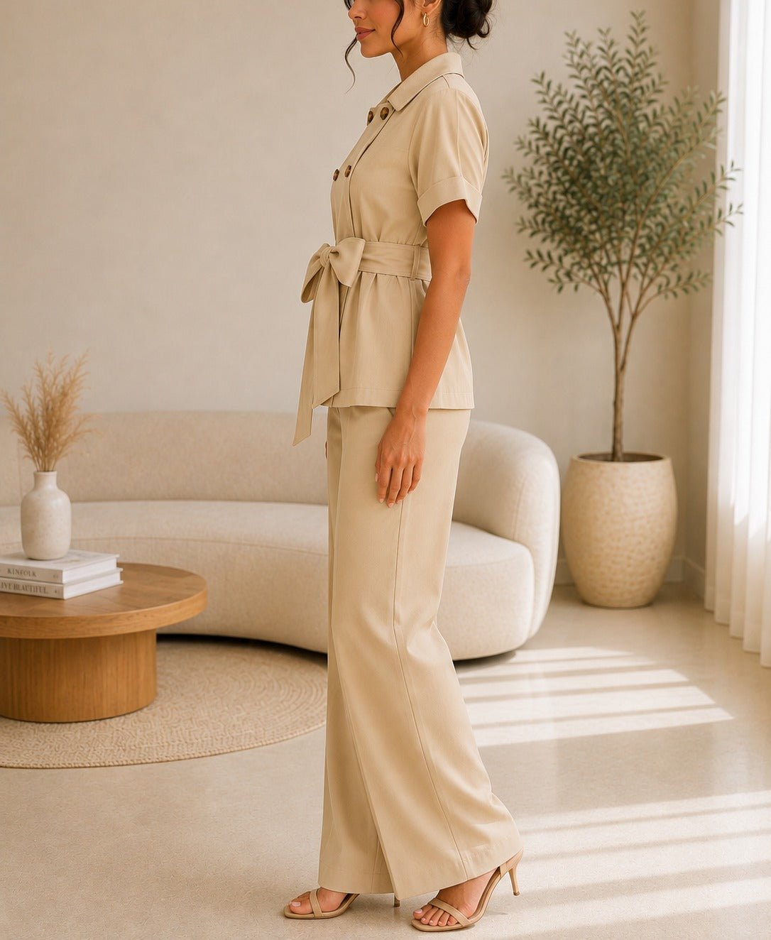Ladies Beige Button Front Two-Piece Set - StylePhase SA