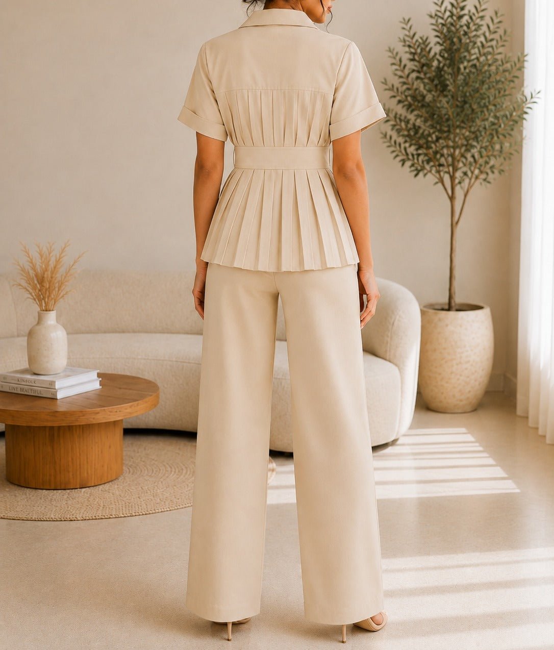 Ladies Beige Button Front Two-Piece Set - StylePhase SA