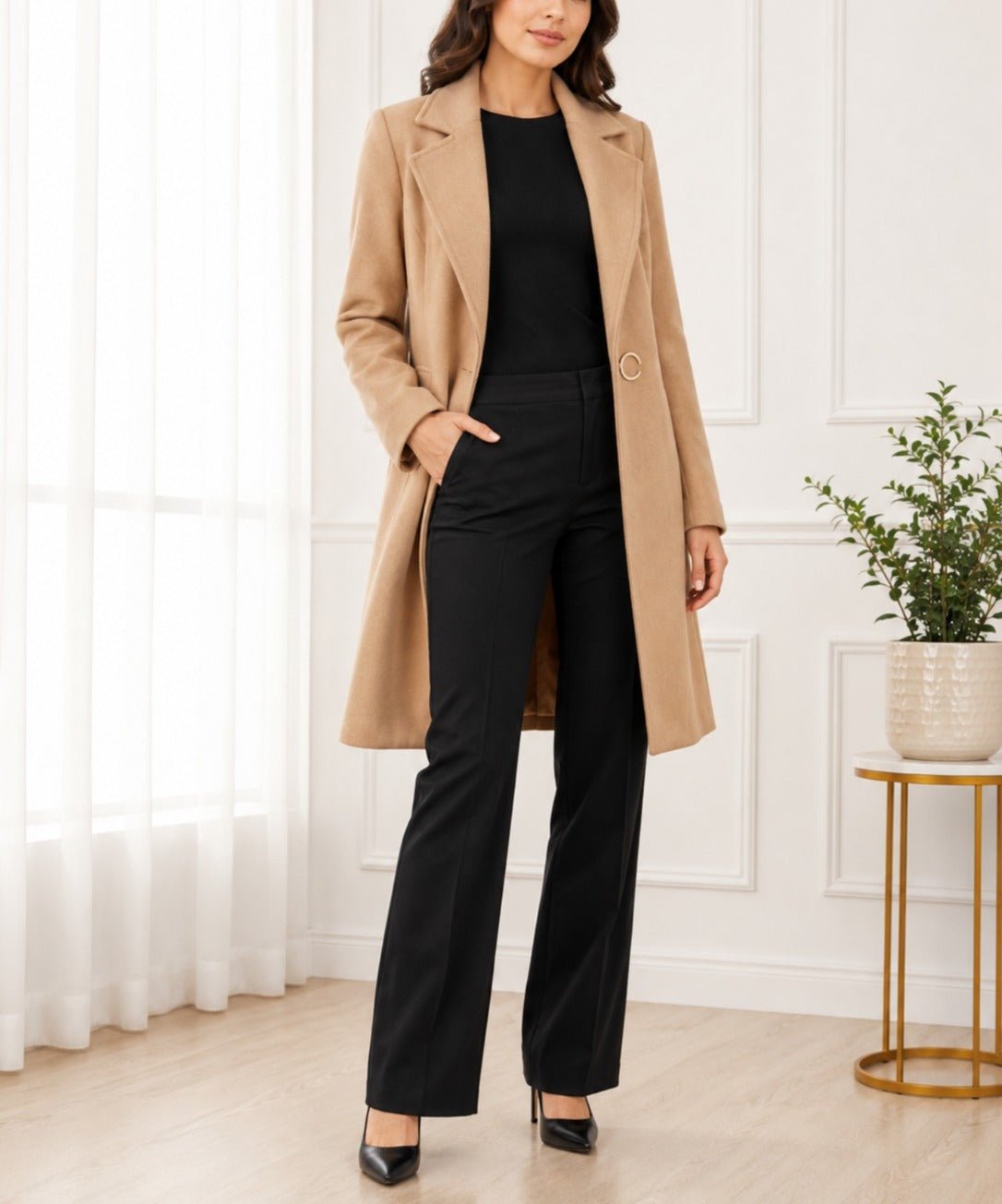 Ladies Beige Button Press Lined Coat - StylePhase SA