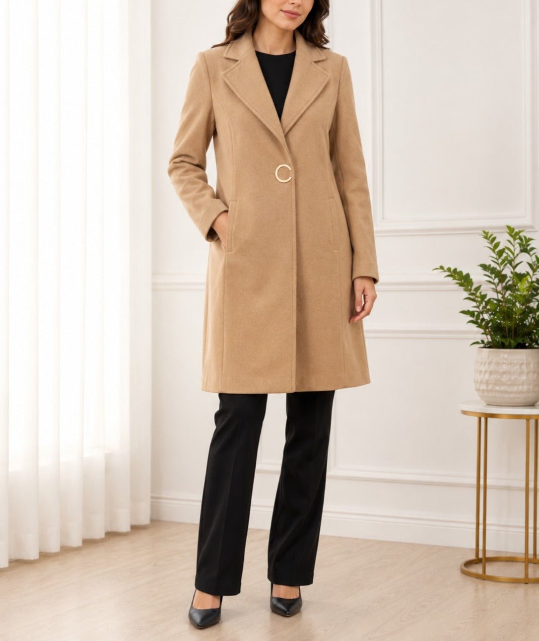 Ladies Beige Button Press Lined Coat - StylePhase SA