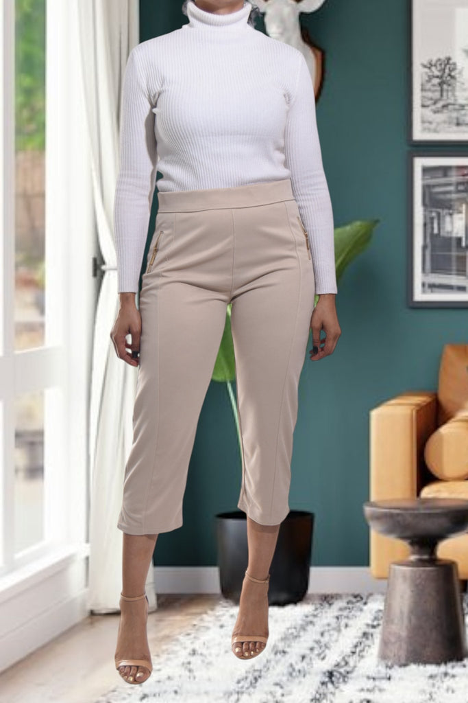 Ladies Beige Capri Zip Pants - StylePhase SA