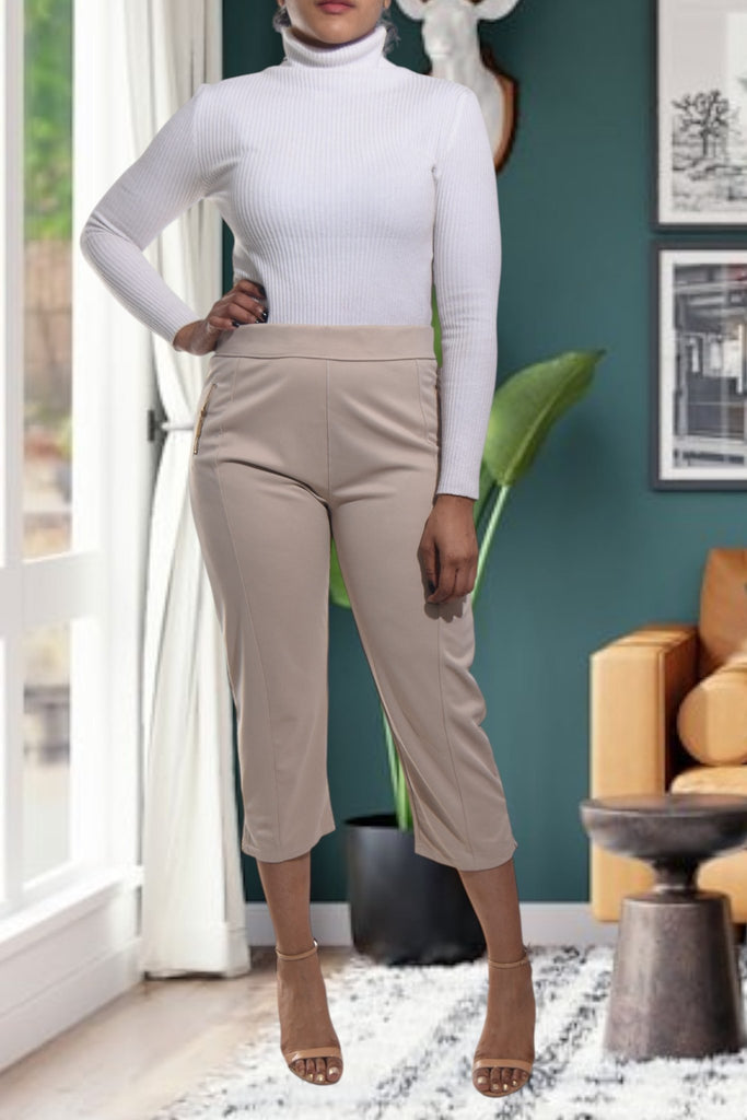 Ladies Beige Capri Zip Pants - StylePhase SA