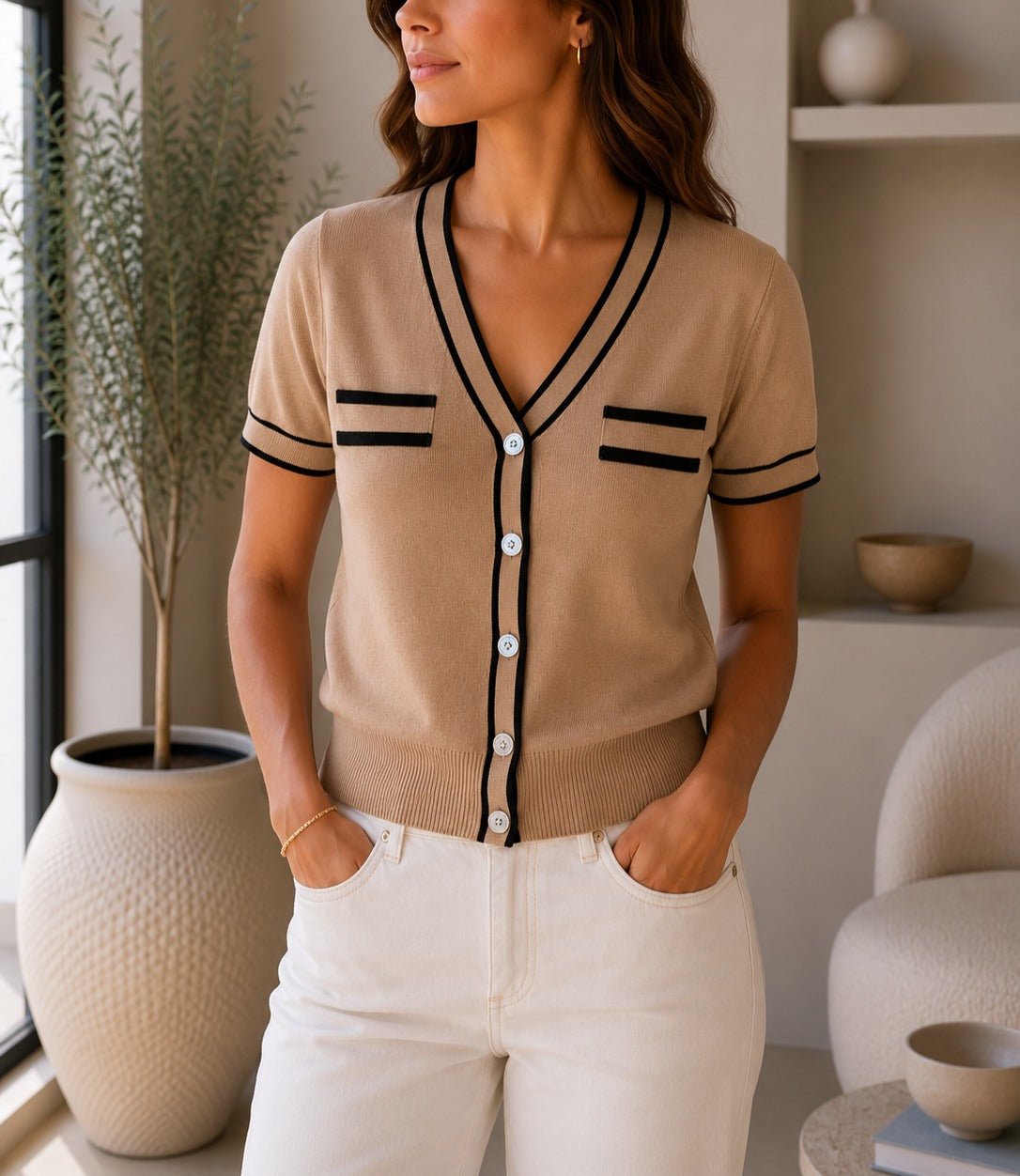 Ladies Beige Contrast Trim Button Front Knit Cardigan - StylePhase SA