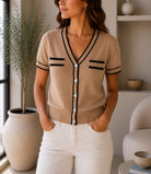Ladies Beige Contrast Trim Button Front Knit Cardigan - StylePhase SA