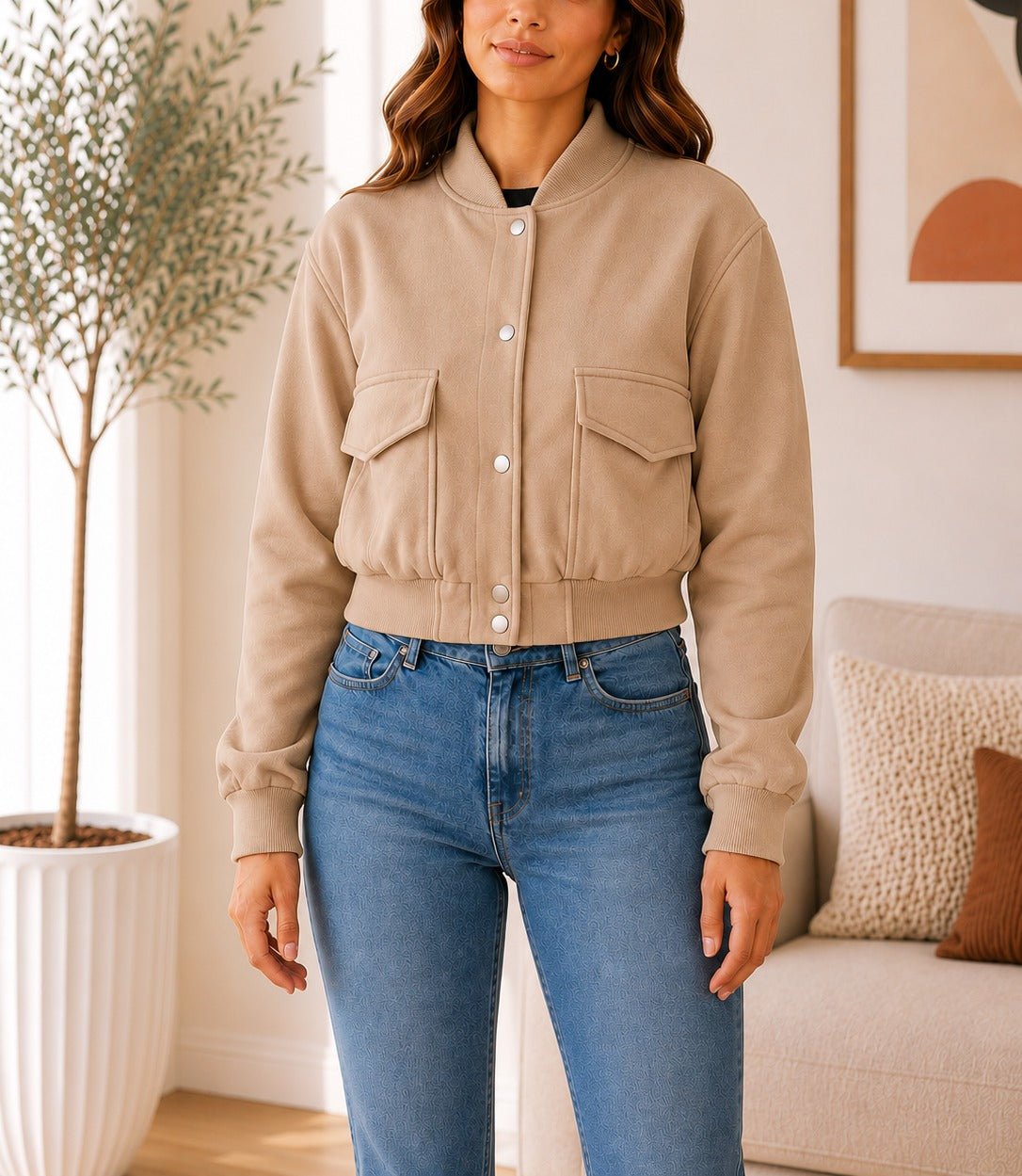 Ladies Beige Cropped Fleece New Feeling jacket - StylePhase SA