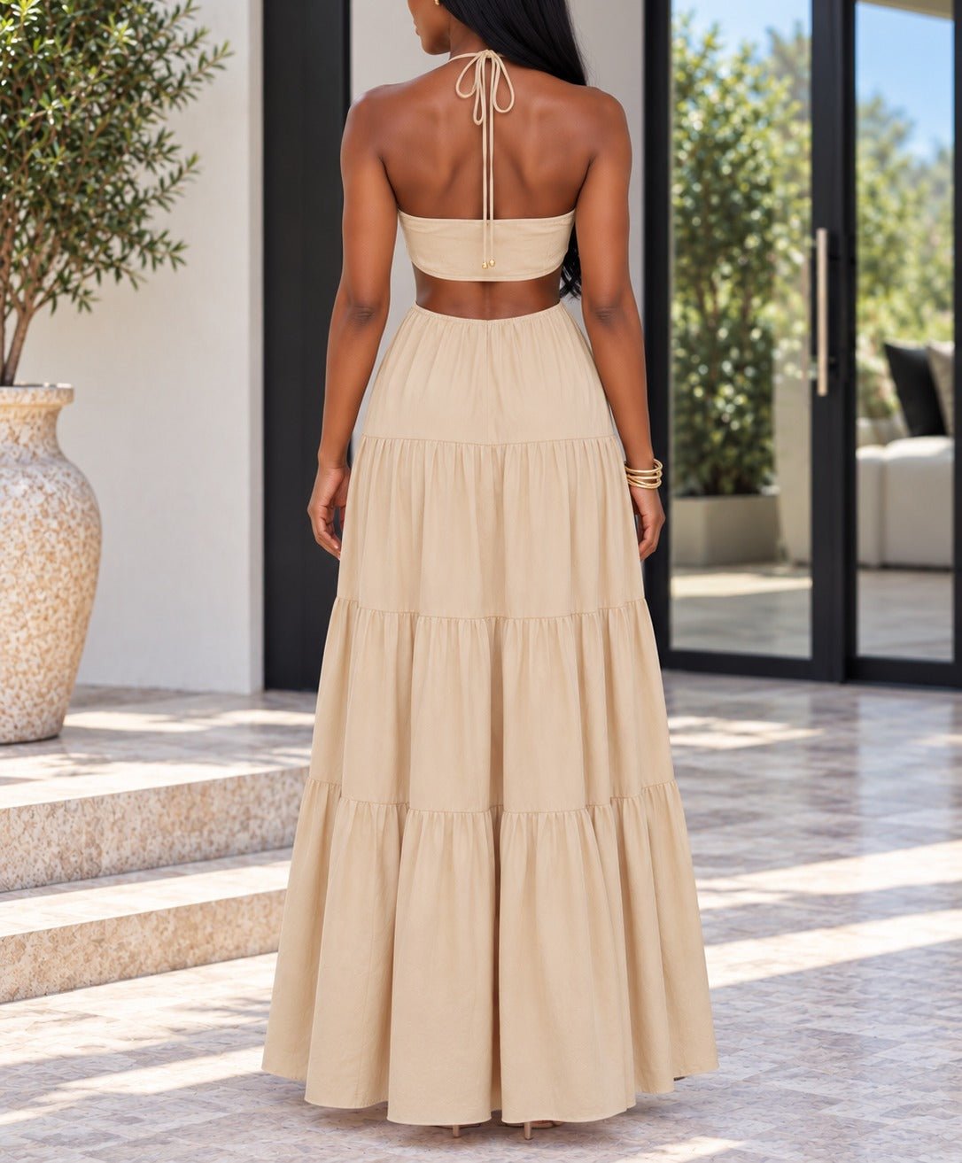 Ladies Beige Cut Out Tie Front Tiered Maxi Dress - StylePhase SA