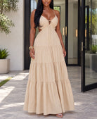 Ladies Beige Cut Out Tie Front Tiered Maxi Dress - StylePhase SA