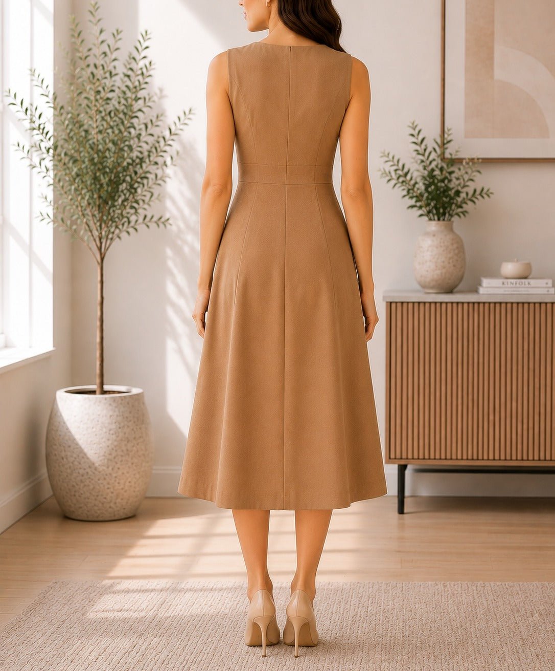 Ladies Beige Double Breast Sleeveless Midi Dress - StylePhase SA