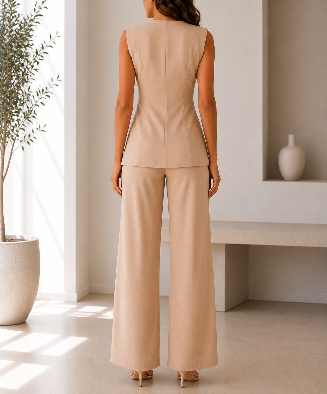 Ladies Beige Double Breasted Sleeveless Two-Piece Set - StylePhase SA