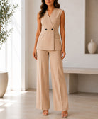 Ladies Beige Double Breasted Sleeveless Two-Piece Set - StylePhase SA