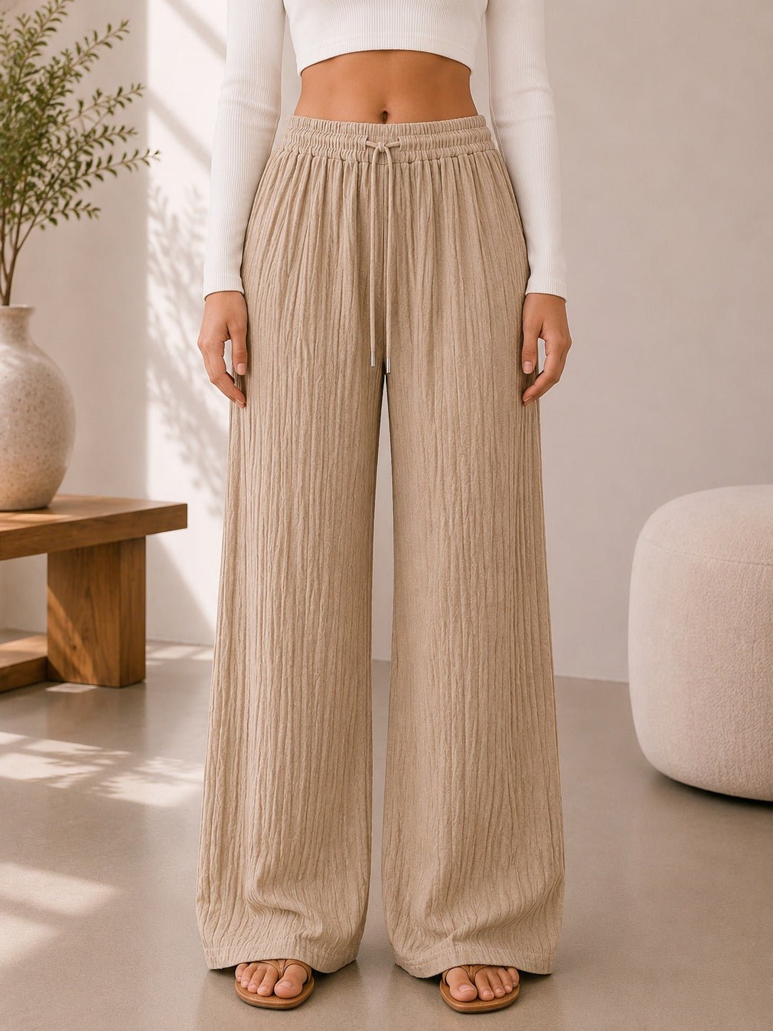 Ladies Beige Drawstring Crinkle Wide Leg Pants - StylePhase SA