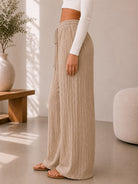 Ladies Beige Drawstring Crinkle Wide Leg Pants - StylePhase SA