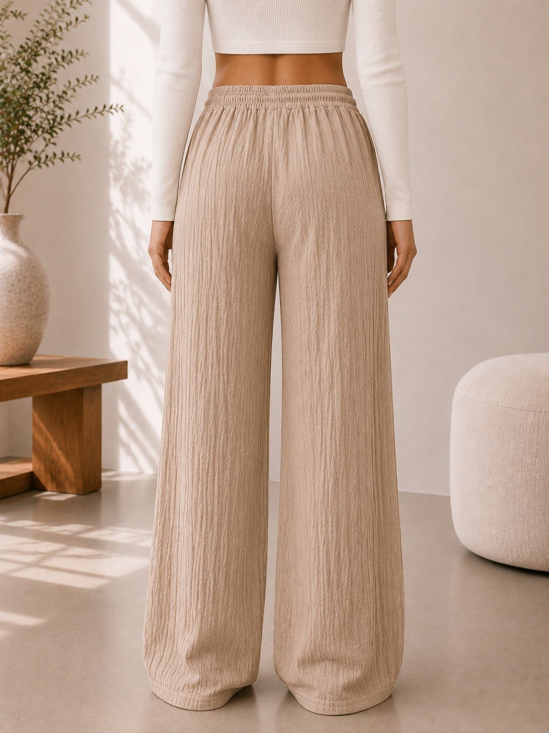 Ladies Beige Drawstring Crinkle Wide Leg Pants - StylePhase SA
