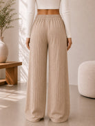 Ladies Beige Drawstring Crinkle Wide Leg Pants - StylePhase SA