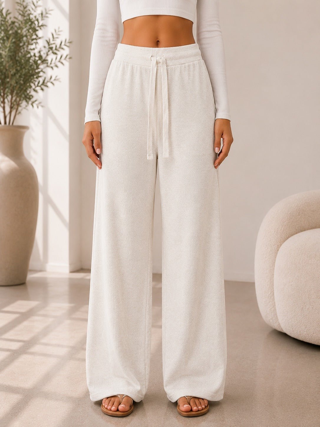 Ladies Beige Drawstring Knitwear Pants - StylePhase SA