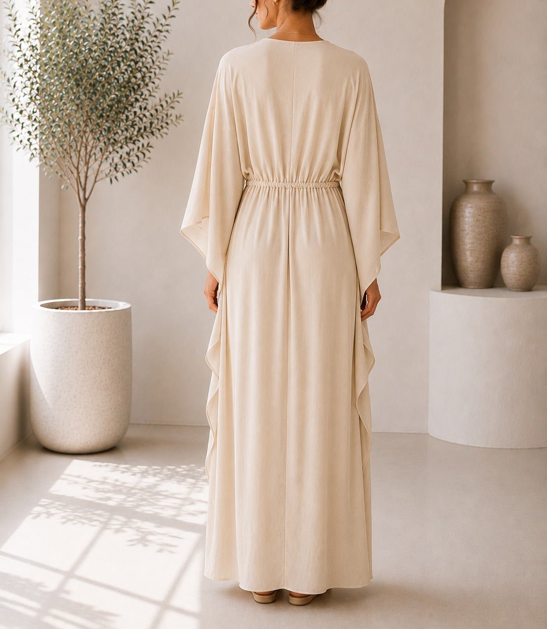 Ladies Beige Drawstring V-Neck Kaftan - StylePhase SA