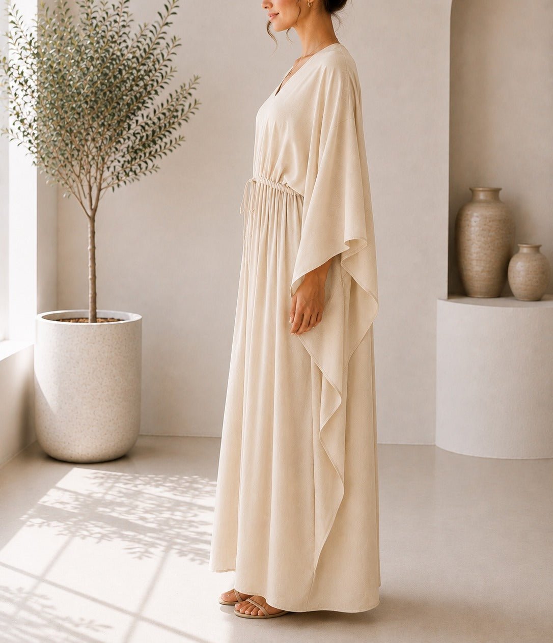 Ladies Beige Drawstring V-Neck Kaftan - StylePhase SA