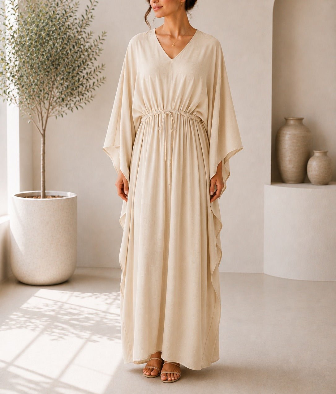Ladies Beige Drawstring V-Neck Kaftan - StylePhase SA