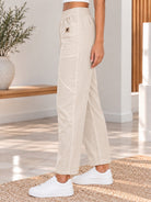 Ladies Beige Elastic Waistband Front Pocket Pants - StylePhase SA