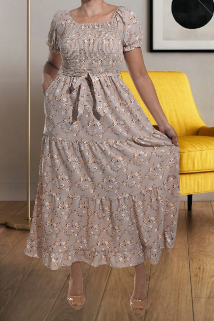 Ladies Beige Floral Tie Front Dress - StylePhase SA