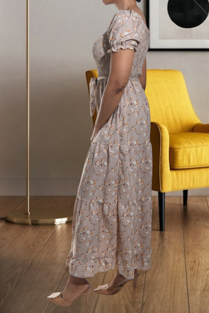 Ladies Beige Floral Tie Front Dress - StylePhase SA