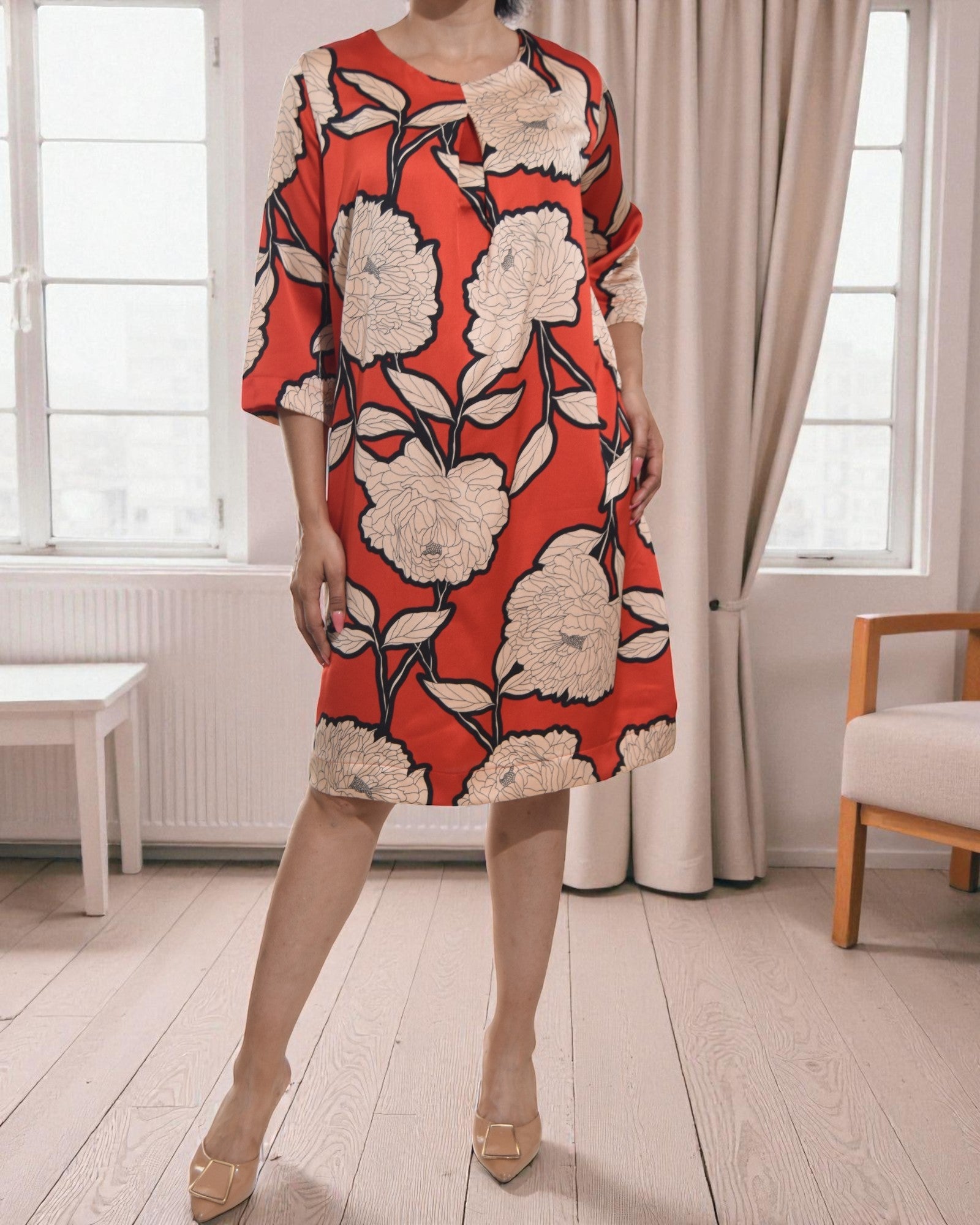 Ladies Beige Floral Tunic 3/4 Sleeve Dress - StylePhase SA