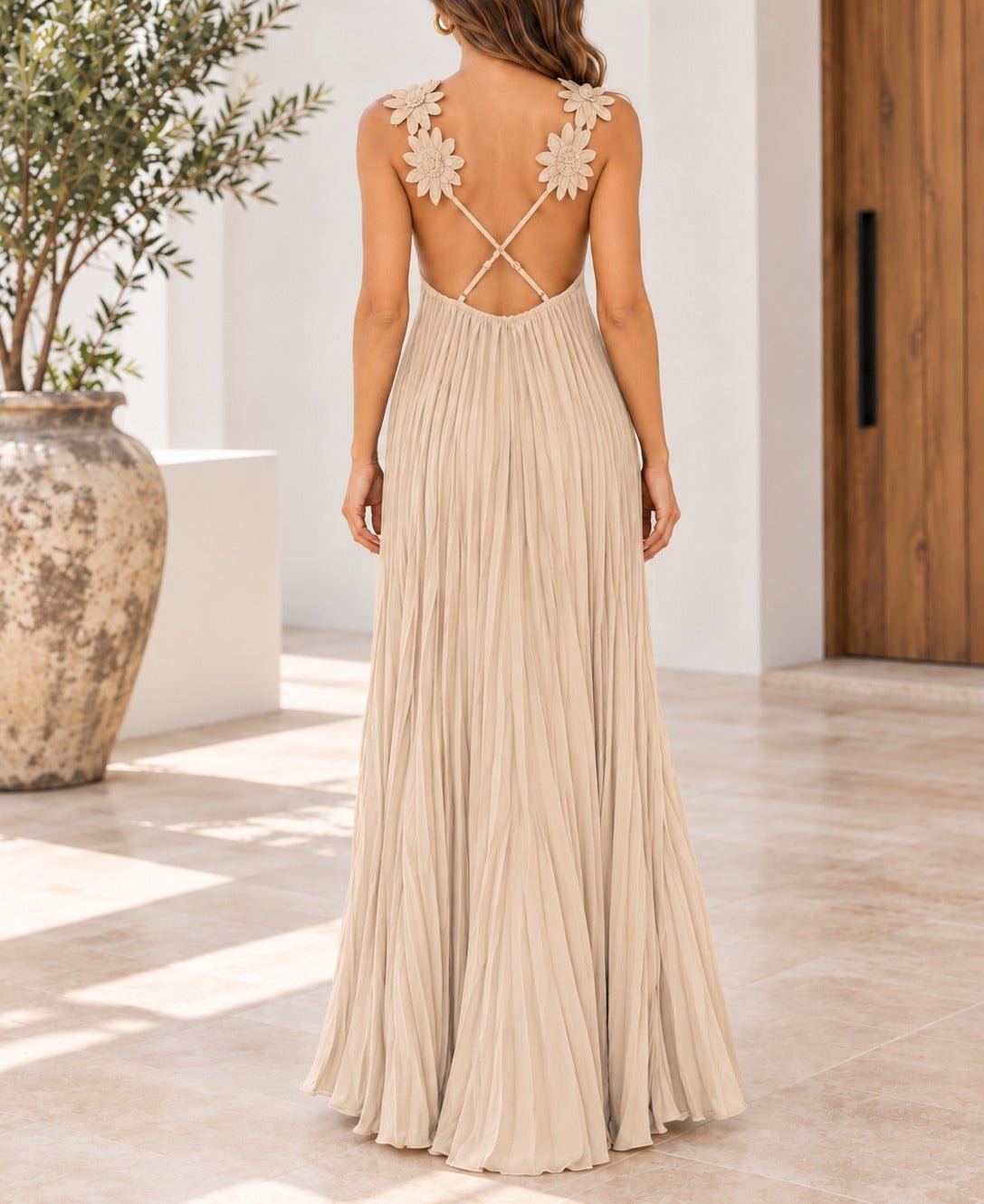 Ladies Beige Flower Strap Maxi Dress - StylePhase SA