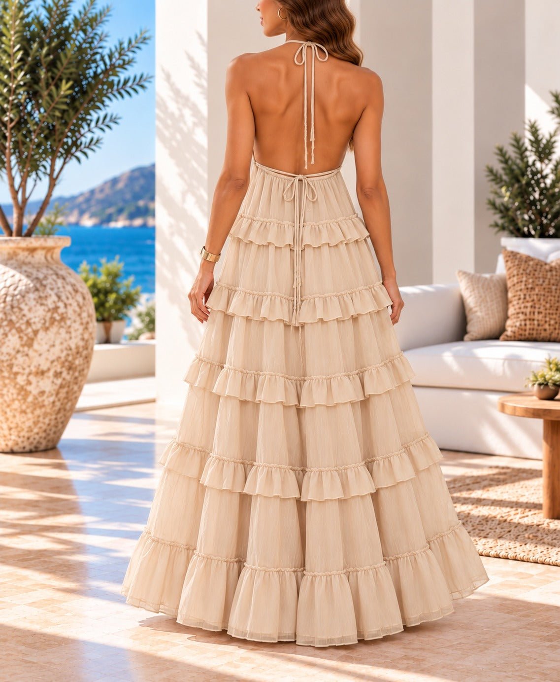 Ladies Beige Layered Maxi Strappy Dress - StylePhase SA