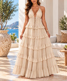 Ladies Beige Layered Maxi Strappy Dress - StylePhase SA