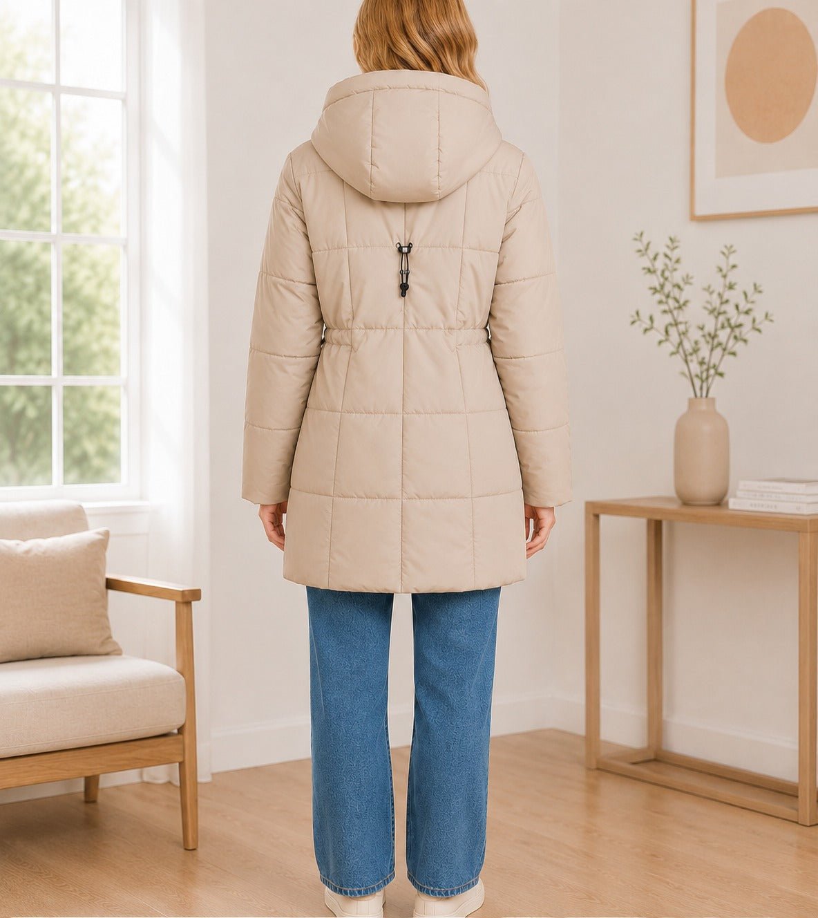 Ladies Beige Long Line Padded Puffer Jacket - StylePhase SA