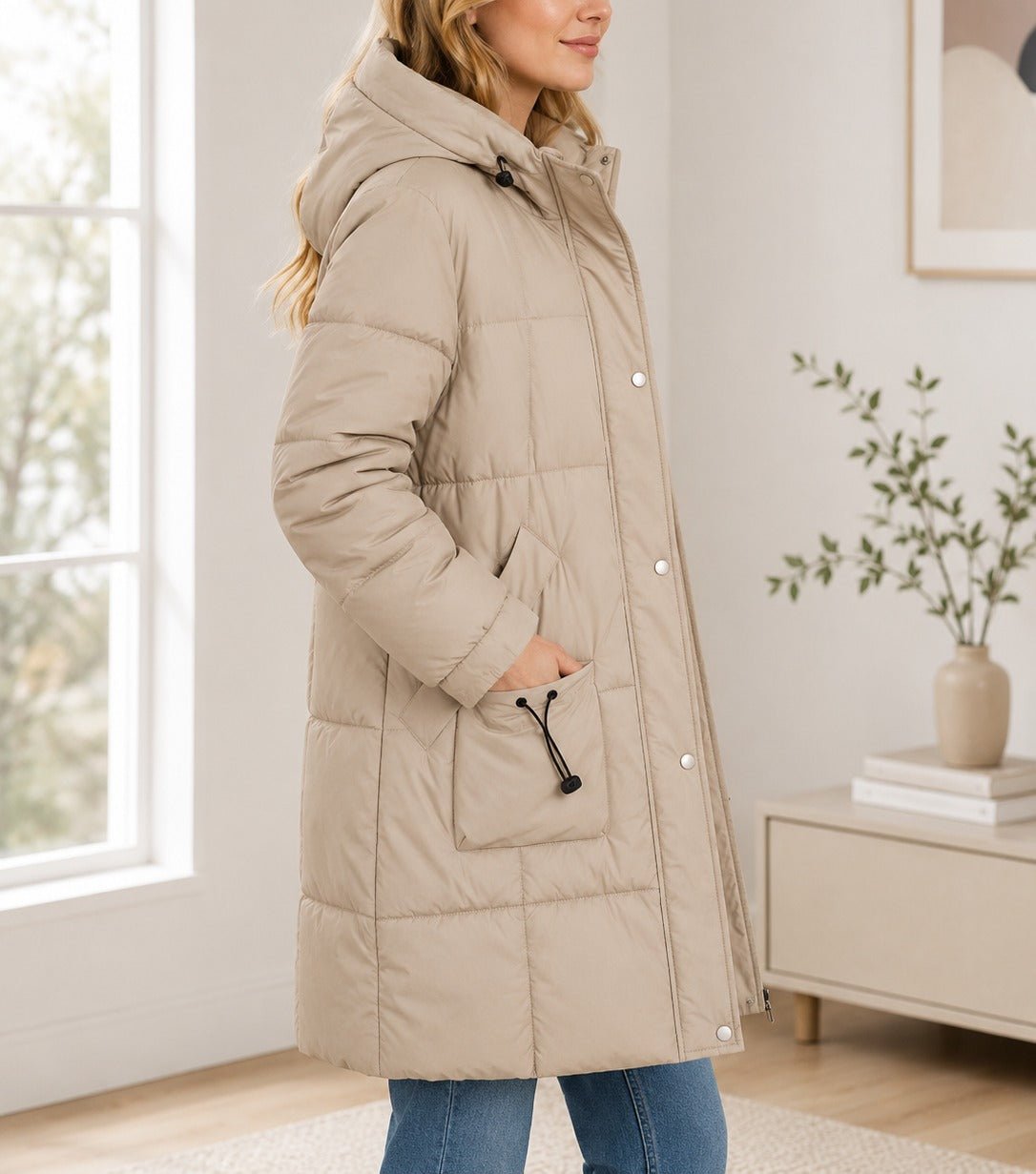 Ladies Beige Long Line Padded Puffer Jacket - StylePhase SA