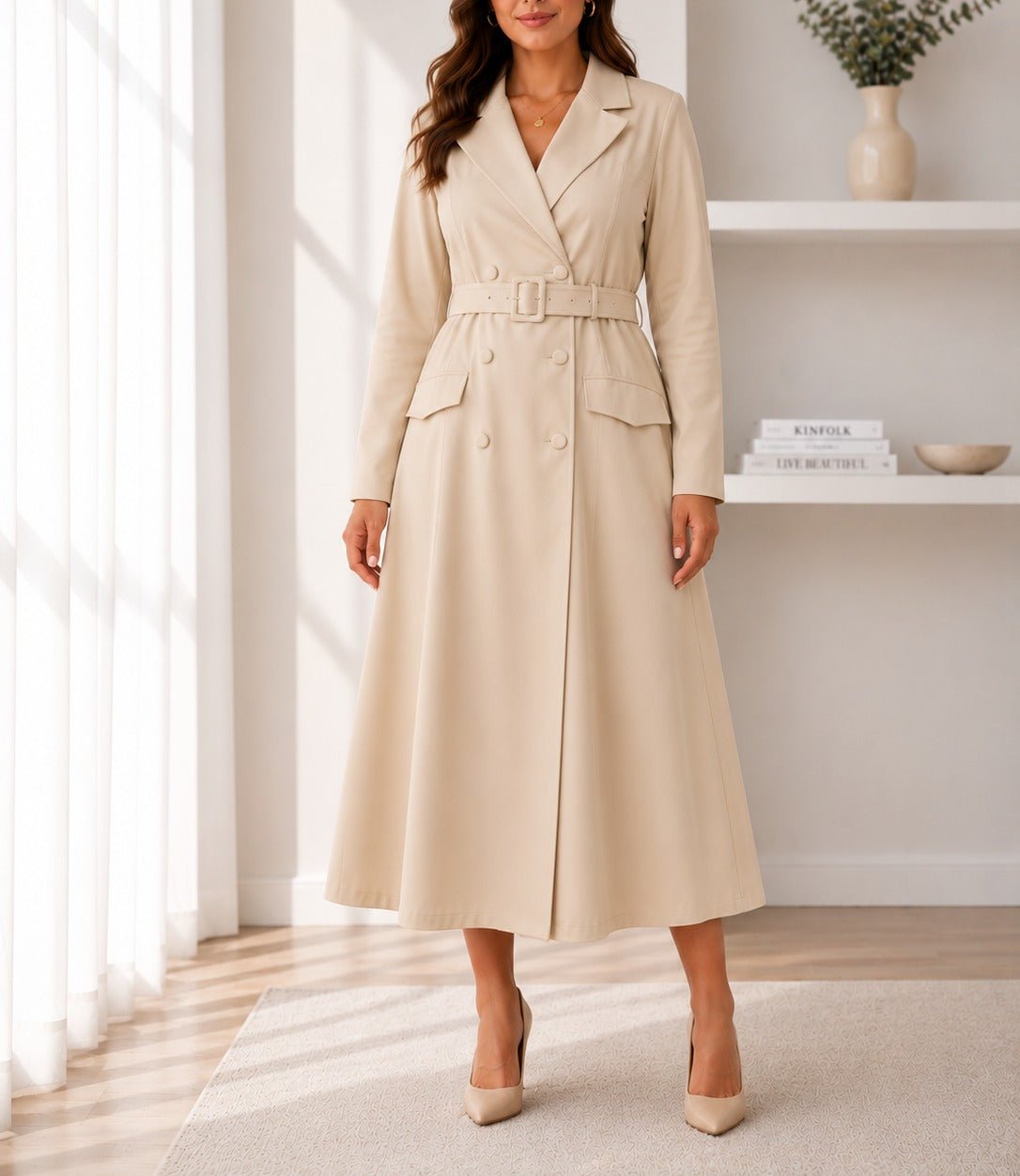 Ladies Beige Long Sleeve Belt Dress-New Feeling - StylePhase SA