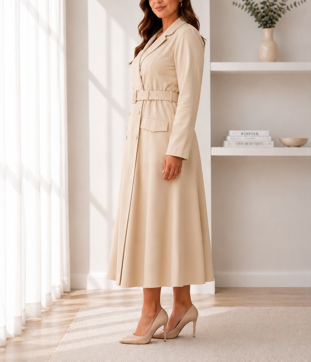 Ladies Beige Long Sleeve Belt Dress-New Feeling - StylePhase SA